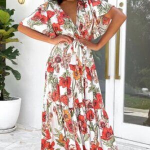 Petal & Pup Poppy Floral Dress with Orange and Green Accents